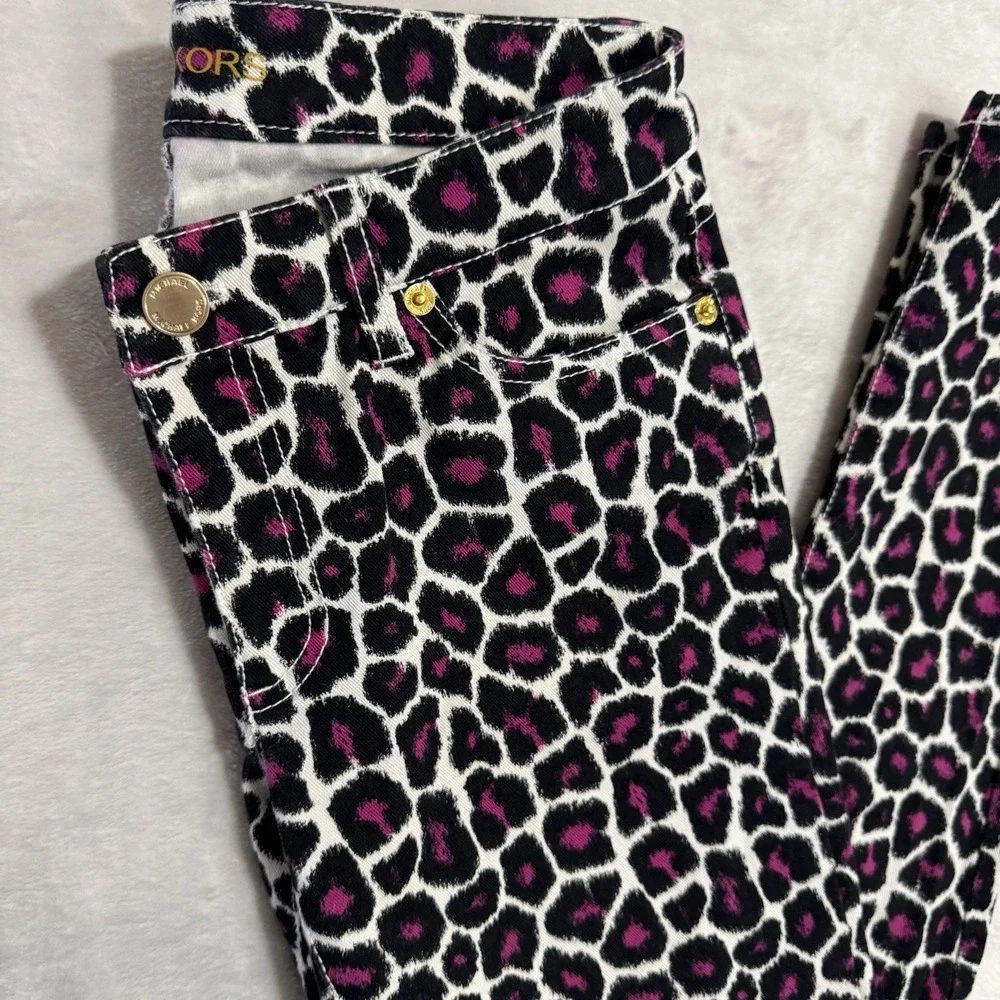 Michael Kors Leopard Print Skinny‎ Jeans Size 0 Pink & Black White Gold Mob Wife